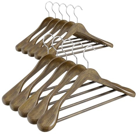 ABHENG Perchero de Madera, Conjunto de 10 Perchas de Trajes, Gancho Giratorio de 360°, para Chaquetas, Camisas, Trajes, Abrigos, 44 x 5,5 x 23 cm (L x B x H), Miel, AWY0410Z