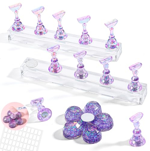 2 Set Nail Stand Press on Magnetic Nail Holder Kit Acrylic Fake Nails Art Display Stand Flower Practice Stands Design Tools for DIY Painting Nails Hand Salons Homes Professional Techs Supplies