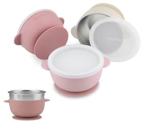 PandaEar Set Da 3 Ciotole A Ventosa In Acciaio Inox Per Bambini Con Coperchi, Ciotole Antiscivolo Per Bambini, Neonati E Toddler Con Rivestimento In Silicone (Rosa)
