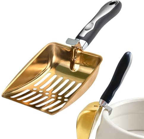 Kaiyzo Metal Cat Litter Scoop, Cat Poop Scoop, 430 Stainless Steel with Efficient Filtering Mesh, Hanging Buckle for Tray Edge and Hole for Storage, Gold Color, 26.2cm Length 9.5cm Width
