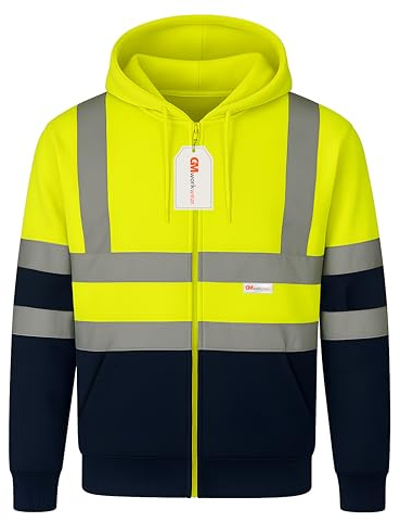 GM WORKWEAR Hi-Vis Zip-Up Hoodie – Reflective Safety Work Sweatshirt for Men – Durable High-Visibility Workwear with Hood & Pockets – 5 Colours – Sizes S to 4XL