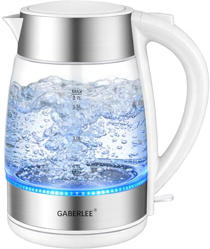 GABERLEE 3000W Fast Boil Electric Kettle, 1.7L Cordless Glass Tea Kettle with Blue LED, One-Touch Lid, Removable Washable Anti-Limescale Filter, Easy Clean, Stainless Steel Accents, BPA-Free, White