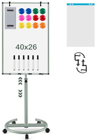 GOPLUS Tableau Blanc Effacable sur Pied 65x100 CM, Tableau Blanc Magnetique avec Support, Hauteur Réglable 132-192 cm, 5 Roues Roulant, Effaceur, Crochet, Marqueur, Aimant, Papier, Idéal pour Bureau
