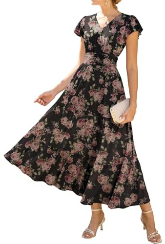 GRACE KARIN Women's Summer V-Neck Floral Dress with Pockets Ruffle Sleeves A-Line Fitted Waist Dresses Black-Dense Rose Pattern L