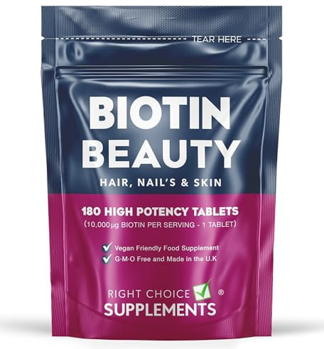 Biotin 10,000mcg - 180 Tablets / 6 Month Supply Double Strength - Supports The Growth & Maintenance of Healthy Hair Nails & Skin for Women and Men