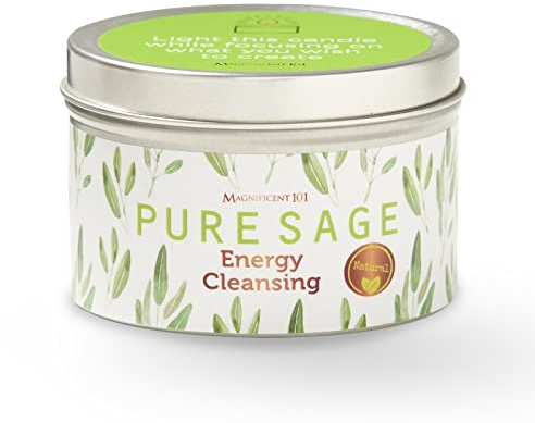 Magnificent 101 Long Lasting Pure White Sage Candle - 6 Oz - 35 Hour Burn Time - Organic, All Natural, Soy Candle to Cleanse Your Home & Calm, Soothe, Use with Sage Smudge Kit - Spiritual