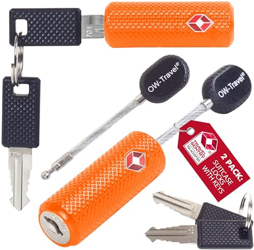 OW-Travel Suitcase Locks with Keys, TSA Approved Luggage Padlocks, Orange 2 | Suitcase Padlocks with keys and steel cable for hand luggage, cabin travel bags, lockers, zipper cases, mini keyed TSA Locks