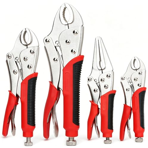 FASTPRO 4-Piece Locking Pliers Set with Heavy Duty Grip, 5, 7 and 10 Curved Jaw, 6-1/2 Long Nose Locking Pliers Included, Vise Grip Wrench Set