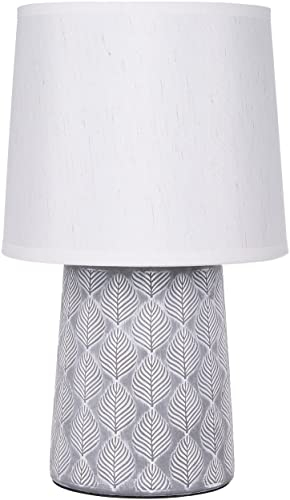 BRUBAKER Tischlampe Nachttischlampe - 33 cm - Grau - Keramik Lampenfuß - Blatt Ornamente - Leinen Schirm Weiß
