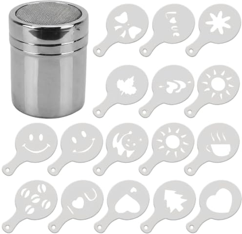 Chocolate Shaker Dusters Stainless Steel Mesh Shaker Powder Shaker for Icing Sugar Powder Cocoa Cappuccino with 16 Coffee Stencils, for Kitchen, Drinks and Baking