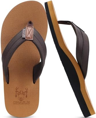 KuaiLu Flip Flops Herren Flach Weich Leder Bade Sandalen Comfy Breite Füße Badelatschen Yoga Schaum Sommer Strand Zehentrenner,Khaki,44 EU
