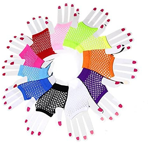 XLKJ 12 Paar Damen Fingerlos Netzhandschuhe, Fischnetz Handschuhe Verschiedene Neonfarben, Fishnet Handschuhe Elastisch Gloves f Kostümzubehör Dance Party Supplies Vintage