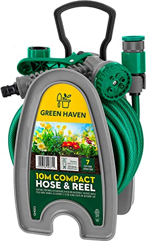 Green Haven Garden Hose Pipe Reel – 10m / 32ft Lightweight Compact Hosepipe with 7-Pattern Spray Nozzle Gun, Easy Wind Mini Hose Reel for Small Gardens, Balconies & Outdoor Cleaning