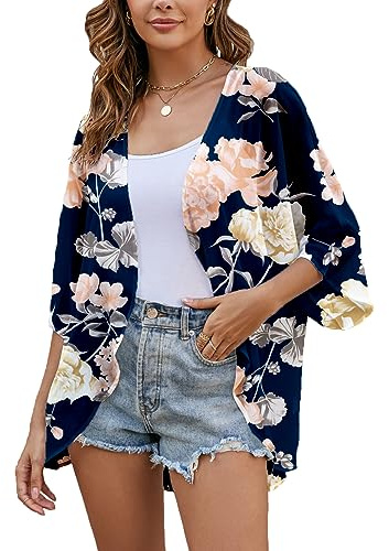 Heynino Womens Chiffon Kimono Cardigans Open Front Floral Print Beach Cover up Capes Sheer Loose Blouse Tops
