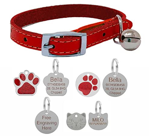 Collare in Vera Pelle per Gatto con Elastico di Sicurezza e Campanellino con Etichetta Personalizzata Opzionale (Rosso, Etichetta con Faccia di Gatto da 22mm)