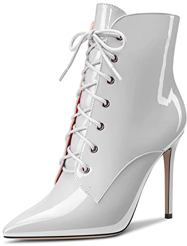 Castamere Femmes Aiguille Haut High Talon Heel Fermeture à Glissière Pointu Bout Bottines Lacets Dress Sexy Bureau 10 CM Heels Bottes Blanc Vernis 39 EU