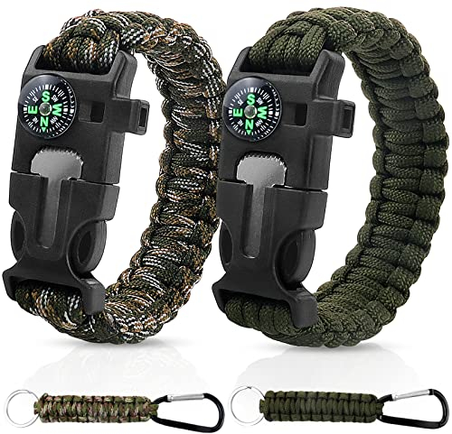 SDwfxd 2 Stück Set Survival Armband, 5 in 1 Paracord Armband mit 2 Stk Karabiner und Eingebautem Kompass, Feuerstarter, Notfallmesser & Whistle