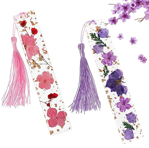 NOCHME Marque Page Fleurs Séchées Avec Pompons Pour Femmes Lot De 2 Résine Époxy Marque-Page Transparent Unique Bookmark Pour Dames Et Filles