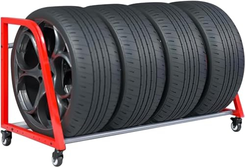 HACSYP Stockage de pneus, Support de Pneu Rouge de Garage Robuste, Support de Pneu Roulant avec 4 Roues, for Magasin de sous-Sol d'atelier intérieur - Facile à déplacer