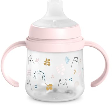 Suavinex, Biberon à Anses, Tasse Apprentissage Bébé avec Bec Souple en Silicone, Système Anti-Colique, Gourde Enfant avec Poignées, Antifuites, Passe au Lave-Vaisselle, +6 Mois, 150 ml, Bears Rose