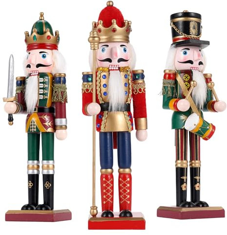 Tpudn 3pc Christmas Nutcracker Soldier 30cm Wooden Nutcracker Christmas Decorations for Fireplace - Xmas Wooden Figures Indoor Ornaments - King, Drummer, swordsmen Nutcrackers