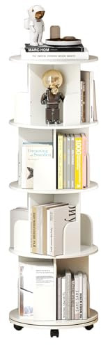 MYOYAY 360° Drehbares Bücherregal, 4-stöckiges Rotierendes Bücherregal mit Rädern, Multifunktionales Aufbewahrungsregal, bodenstehende Bücherregale für Schlafzimmer, Wohnzimmer und Büro - Weiß
