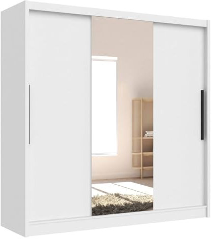 Beneli Kleiderschrank mit Spiegel, Perfekt für Ihr Schlafzimmer, Jugendzimmer oder Flur, Schrank Weiß mit Schiebetüren und Kleiderstange 205 x 205 x 63 cm