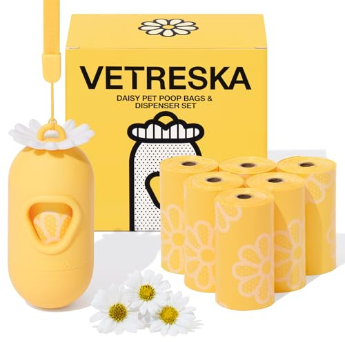 VETRESKA Dog Poop Bag Dispenser with Daisy Scented Waste Bags Leak-proof and Extra Thick Poop Bags for Dog Walking and Cat Litter 1 Holder and 105 Bags (7 Refill Rolls)