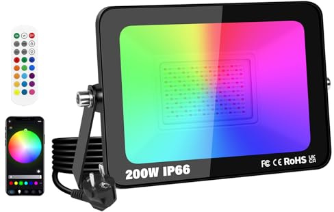 YOJZMA 1 confezione da 200W Faretto LED per esterni con spina, Intelligente RGB fai da te Scene Illuminazione paesaggistica con cambio colore con controllo APP, IP66 Impermeabile per giardini Cortili