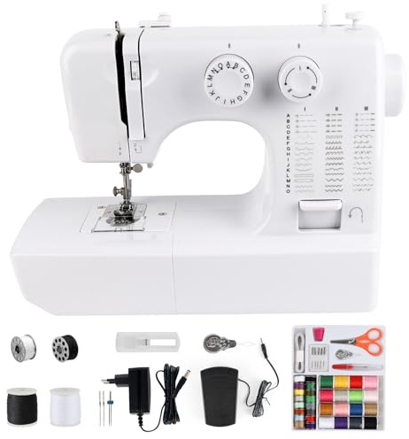 Mini Macchina da Cucireo Portatile, Bambina Macchina per Cucire Elettrica, 45 Punti, Doppio Ago e Doppia Velocità con Luce LED, Adatta per Denim/Tessuti Trasparenti/da Casa
