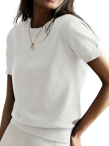 ORANDESIGNE Jersey Manga Corta Mujer Elegante Jersey Verano Jerséis Cuello Redondo Jersey Punto Fino Cuello Alto A Blanco XXL