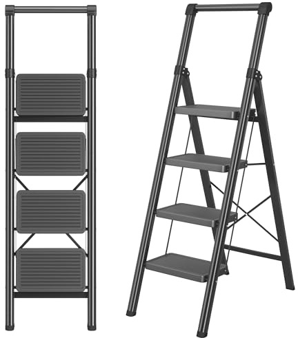4 Step Ladder, DIAMONDFORGE Folding Step Stool with Wide Anti-Slip Pedal, Anti-Slip Feet and Handgrip, Sturdiest Steel Construction, Steel Ladder for Home, Black