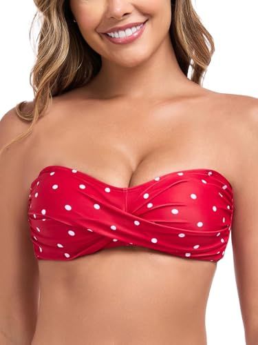 Ocean Blues Women's Red Polka Dot Strapless Bikini Top Bandeau Swimsuit Off Shoulders Bikini Top Wire-Free Bathing Suit Top Size Large