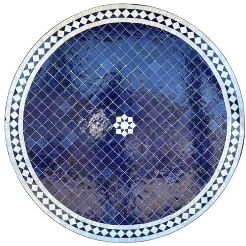 Saharashop Mesa de mosaico oriental redonda de 60 cm de diámetro, diseño floral, color azul natural, mesa de jardín, mesa mediterránea, mesa auxiliar hecha a mano, mesa de balcón, mesa de bistró, mesa