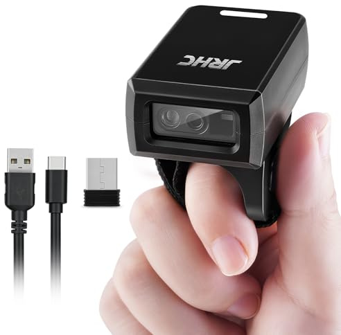 JRHC 1D 2D Bluetooth Finger Strichcode Scanner Kabellos, Tragbarer Mini Barcode Lesegerät mit 3-in-1 Bluetooth & USB Kabel & 2.4G Drahtlos, Kompatibel mit iOS, Android, Windows, Mac Tablets oder PC