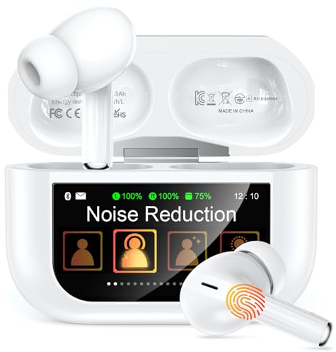 ZZU Wireless Earbuds, Bluetooth Ear Buds 5.4 with Smart Touch Screen, ENC Noise Cancelling Headphones with 48H Playtime, HiFi Stereo Sound, 5 EQ Modes, Lightweight Earphones for iPhone/Android – White