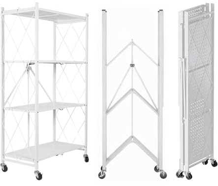 SEVEN COMFORT Fällbar hylla, förvaringshylla på 4 våningar, universalskåp, metallhylla med hjul – 80 kg, för kök, badrum, vardagsrum (vit)