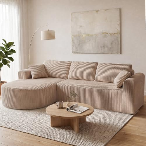 COMHOMA Sofá esquinero con función de dormir, 243 cm Corduroy Modular Boneless Sofá con chaise longue, Sofá cama en forma de L, sofás seccionales con cojines y bolsillos laterales, Sofá para salón