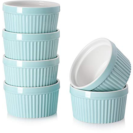 DOWAN Creme Brulee Schälchen Set, 6X 235ml Antihaft Souffle Förmchen Backofenfest, Porzellan Ramekins für Ragout Fin Schalen, Leckere Würzfleisch, Muffin, Panna Cotta, Spülmaschinenfest, Ø10cm-Blau