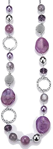 Bulinlin Damen Lange Perlenkette Statement Boho Silber Metallkette Hochzeitstag Modeschmuck Geschenke Pullover Halskette für Frauen（Purple）