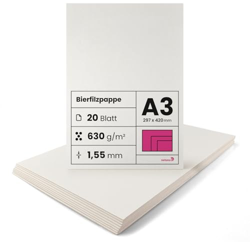 Netuno 20 ark pysselkartong krämvit DIN A3 29,7 x 42 cm 1,55 mm 630 g kartong för pyssel, finsk träkartong, finkartong, bokbindningspartong, hantverk, ölfilt, öllock, tjockt vitt kort