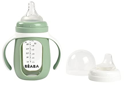 BÉABA, Taza de Aprendizaje para Bebés, Función de Biberón/Taza, cristal y 100% Silicona de, Asas Anchas, Fácil de Sujetar, Ergonómico, Boquilla Suave, verde