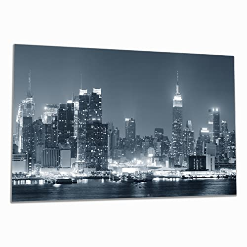 Wallario Herdabdeckplatte/Spritzschutz aus Glas, 1-teilig, 80x52cm, für Ceran- und Induktionsherde, New York Skyline - Schwarz Weiß Blau