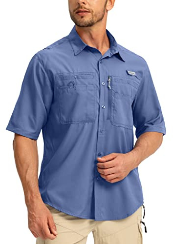 G Gradual Men's Fishing Shirts with Zipper Pockets UPF 50+ Lightweight Cool Short Sleeve Button Down Shirts for Men Casual Hiking(Dusty Blue, X-Large-New)