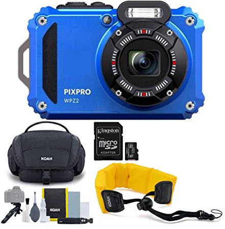 Kodak PIXPRO WPZ2 Rugged Waterproof 16MP Digital Camera with 4x Optical Zoom (Blue) Bundle with Koah Nostrand Gadget Bag, Floating Camera Strap (Yellow), and 32GB UHS-I microSDHC Memory Card (4 Items)