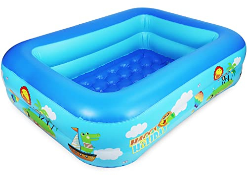Jiosdo Paddling Pool for Kids, 120cm Rectangle Inflatable Baby Pool 2-Ring with Soft Floor for Garden Backyard Outdoor Children