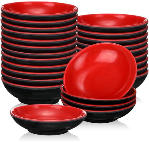 Hushee Juego de 25 cuencos de melamina para servir, color negro y rojo, platos de salsa de soja, pequeños cuencos de salsa para condimentos, mini tazas de salsa aptas para horno y lavavajillas,
