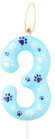 Velas de cumpleaños con número de huella de perro azul, velas de cumpleaños temáticas con estampado de huella de perro azul, velas de 3er cumpleaños adorno para tarta para decoración de cumpleaños de
