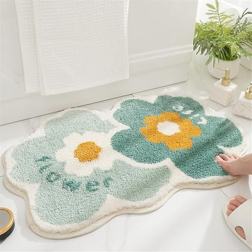 Trlyane Badezimmermatte Weicher Saugfähig Badezimmerteppich, Mikrofaser Beflockung Badematten Antirutsch Badvorleger Duschteppich Waschbar Badteppich (Zwillingsblumen, 50x80cm)