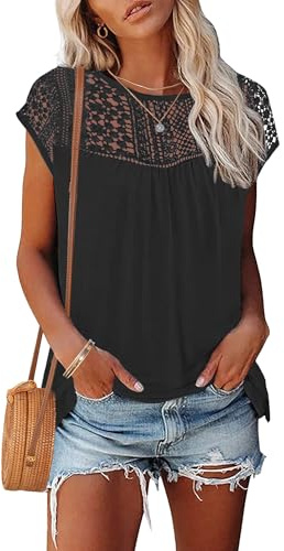 WNEEDU Maglietta Donna Manica Corta Estiva Camicia Pizzo Elegante Blusa | Gola rotonda t shirt